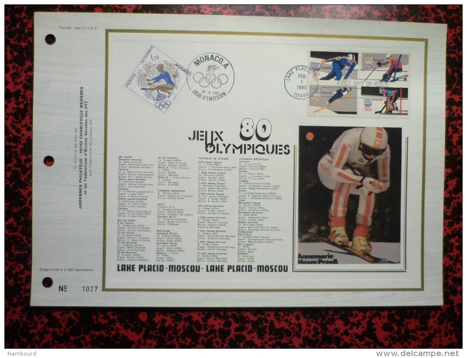 Feuillet CEF Soie Monaco/USA Jeux Olympiques Moscou / Lake Placid 1980 - Other & Unclassified