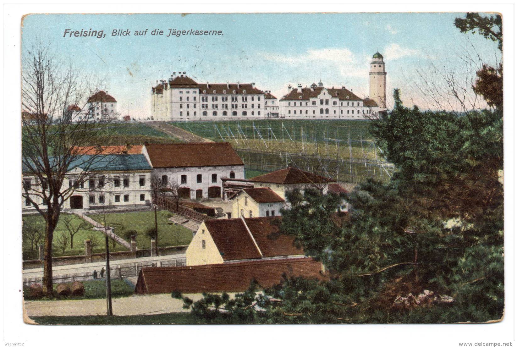 FREISING Col. Ak Blick Auf Die Jägerkaserne; 1908 Nach MÜNCHEN; Marsfeld-Kaserne - Freising