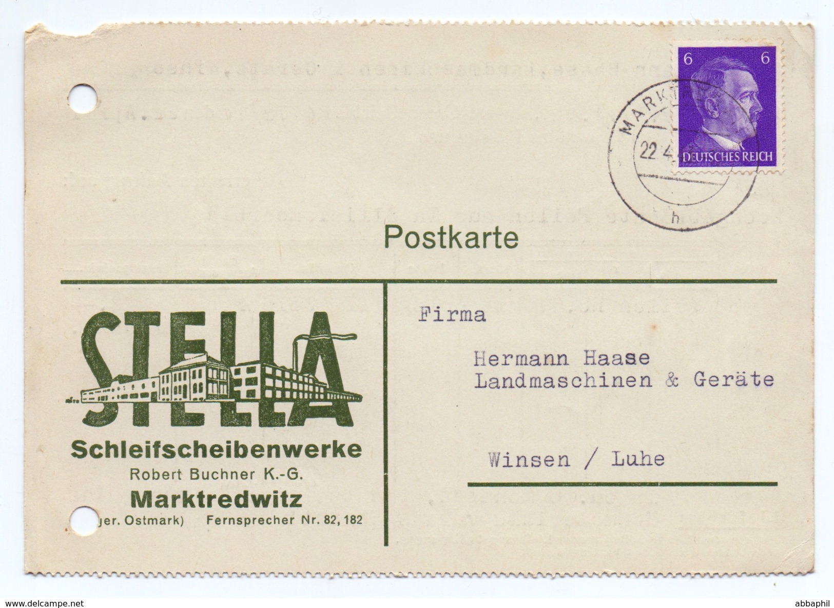 DR Mi 785 O, Firmen- Postkarte, Stella Schleifscheibenwerke MARKTREDWITZ 1943 - Briefe U. Dokumente