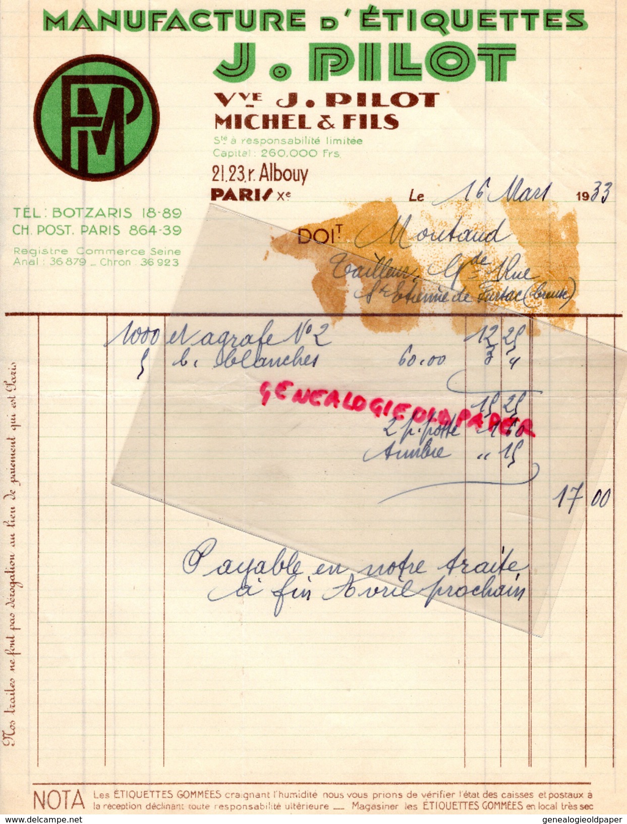 75 - PARIS - FACTURE  MANUFACTURE ETIQUETTES J. PILOT VVE J. PILOT MICHEL & FILS-21 -23 RUE ALBOUY- XE   1933 - Imprimerie & Papeterie