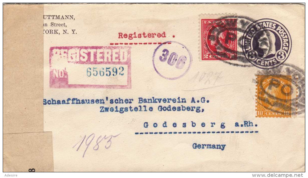 USA 1921 - 3 C Ganzsache + 2 + 10 C Auf Zenzur Reco Firmenbrief, 10 Verschiedene Stempel, Aufkleber D.Reichsgesetzblattl - Briefe U. Dokumente