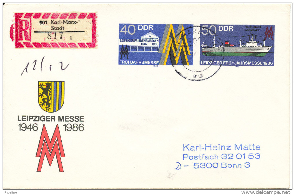 Germany DDR Registered Postal Stationery Cover Leipziger Messe 1946 - 1986 Sent To Bonn 10-12-1986 - Enveloppes - Oblitérées