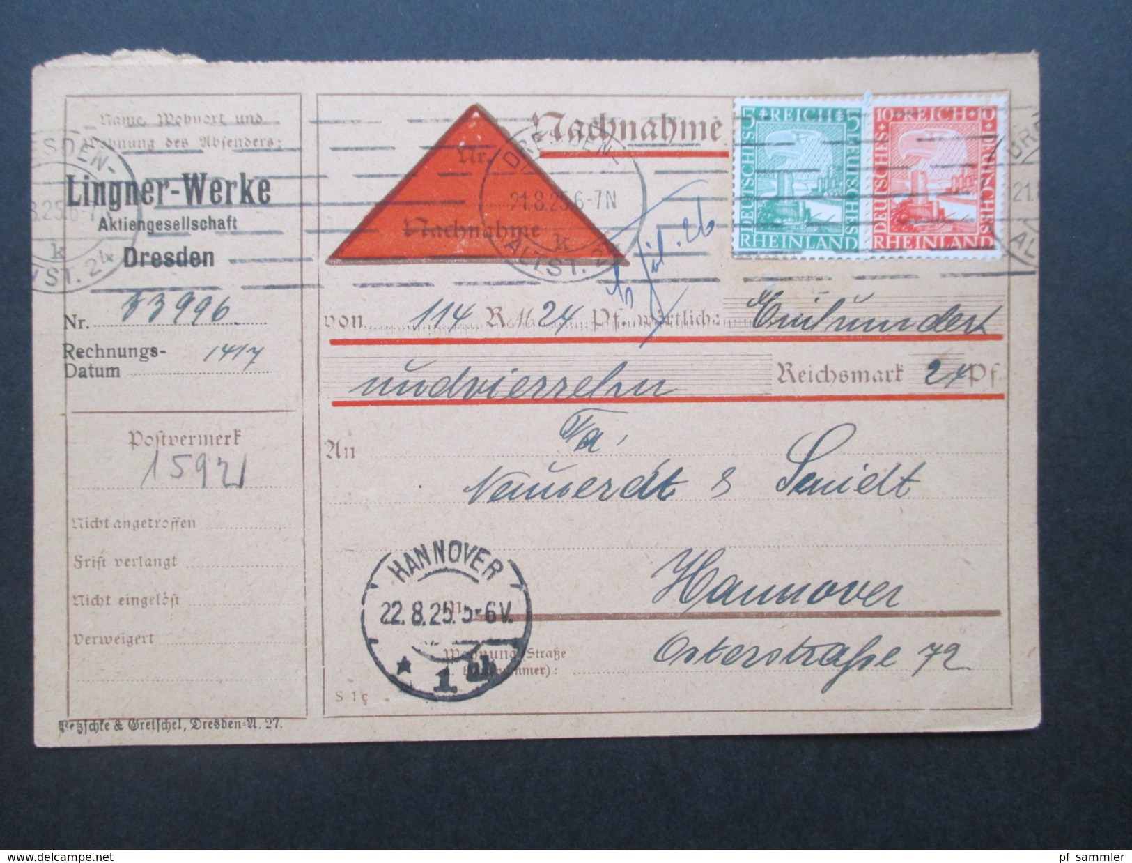 DR 1925 Nachnahme Karte über 114 Mark. Lingner Werke Aktiengesellschaft Dresden. - Briefe U. Dokumente