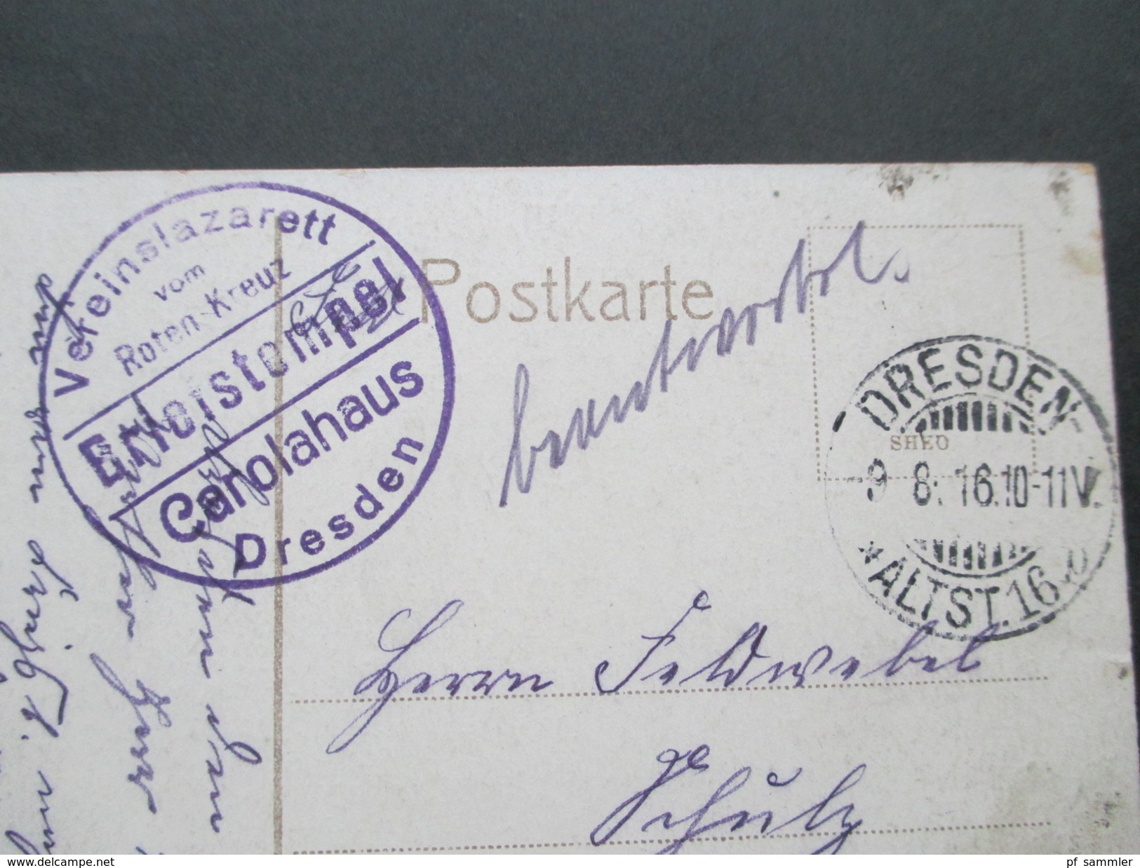 AK Dresden 1916  Kgl. Zwingerteich 1. WK Vereinslazarett Vom Roten Kreuz Briefstempel Carolahaus. - Guerre 1914-18