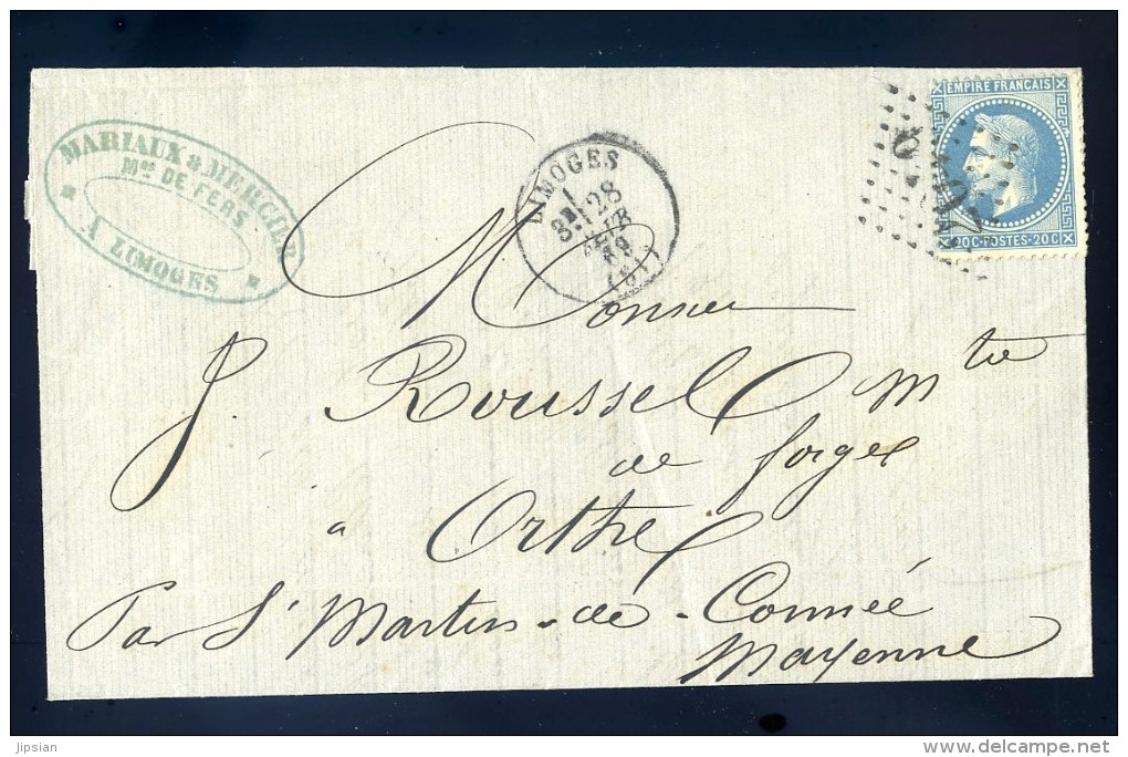 Marque Postale 2049 Marcophilie Lettre 1869 Destinataire à Orthe 53 Pour Facture Mariaux & Mercier Limoges JIP51 - 1849-1876: Période Classique