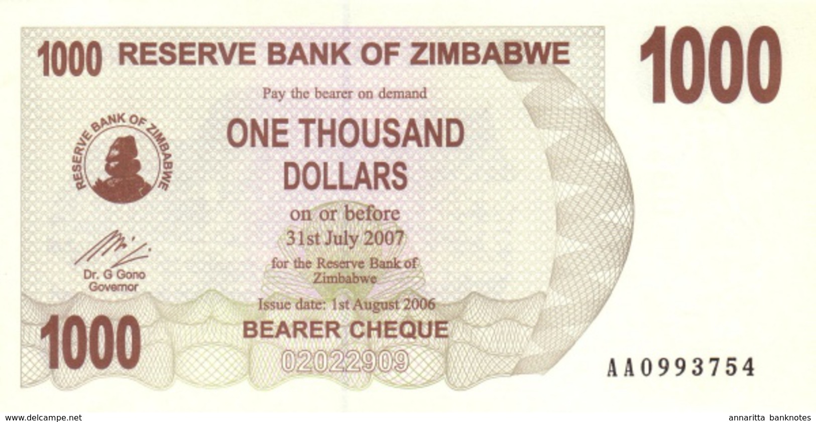 ZIMBABWE 1000 DOLLARS 2006 P-44 UNC  [ZW135a] - Zimbabwe