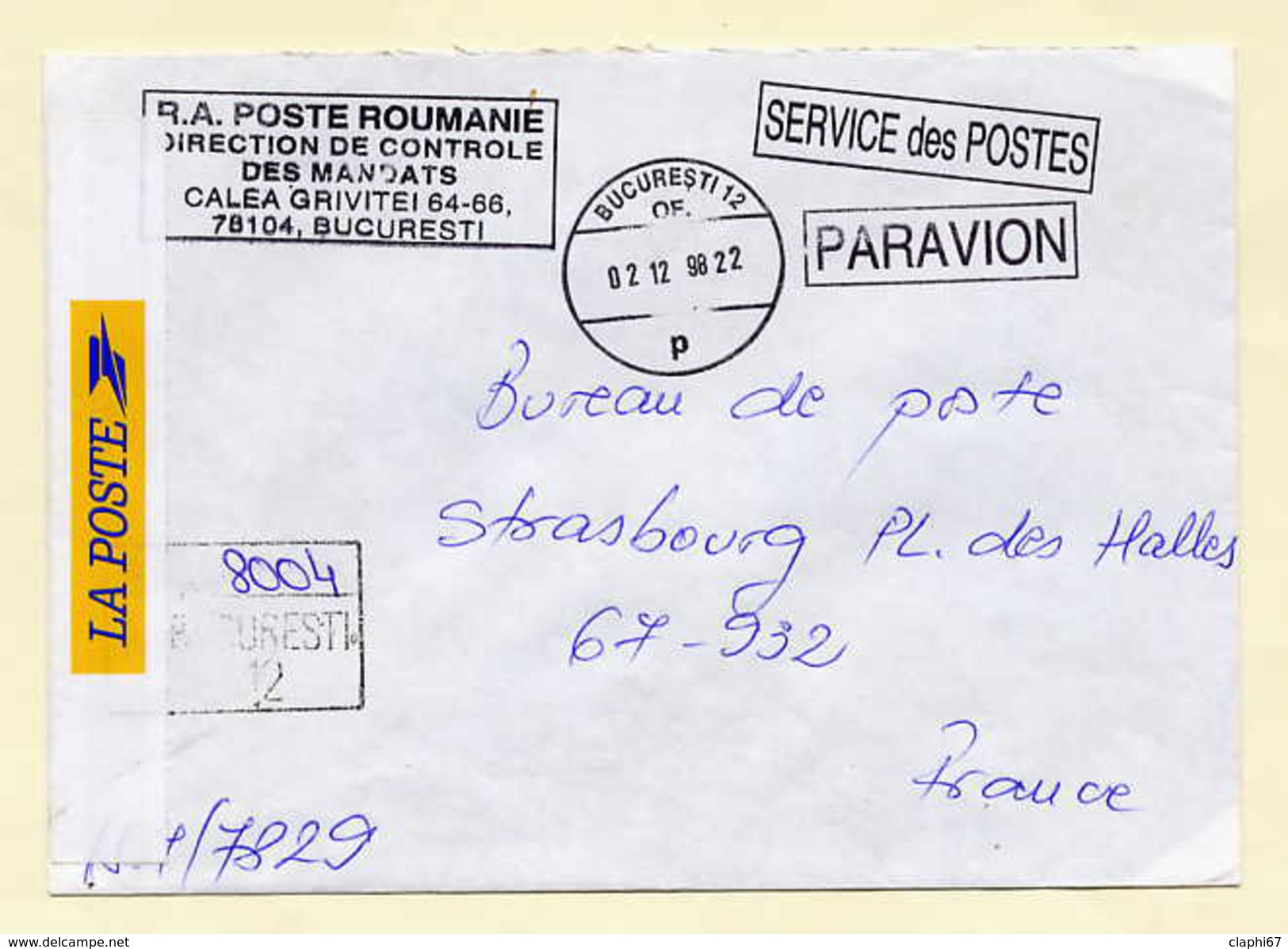 Roumanie Enveloppe Recommandée De La Poste Voyagée En Franchise Vers La France 02-12-1998 - Franquicia