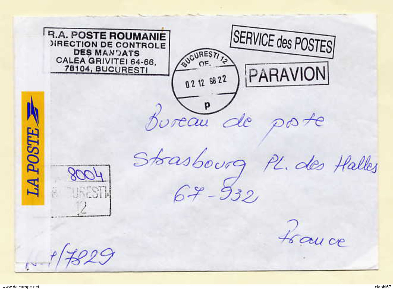 Roumanie Enveloppe Recommandée De La Poste Voyagée En Franchise Vers La France 02-12-1998 - Franchise