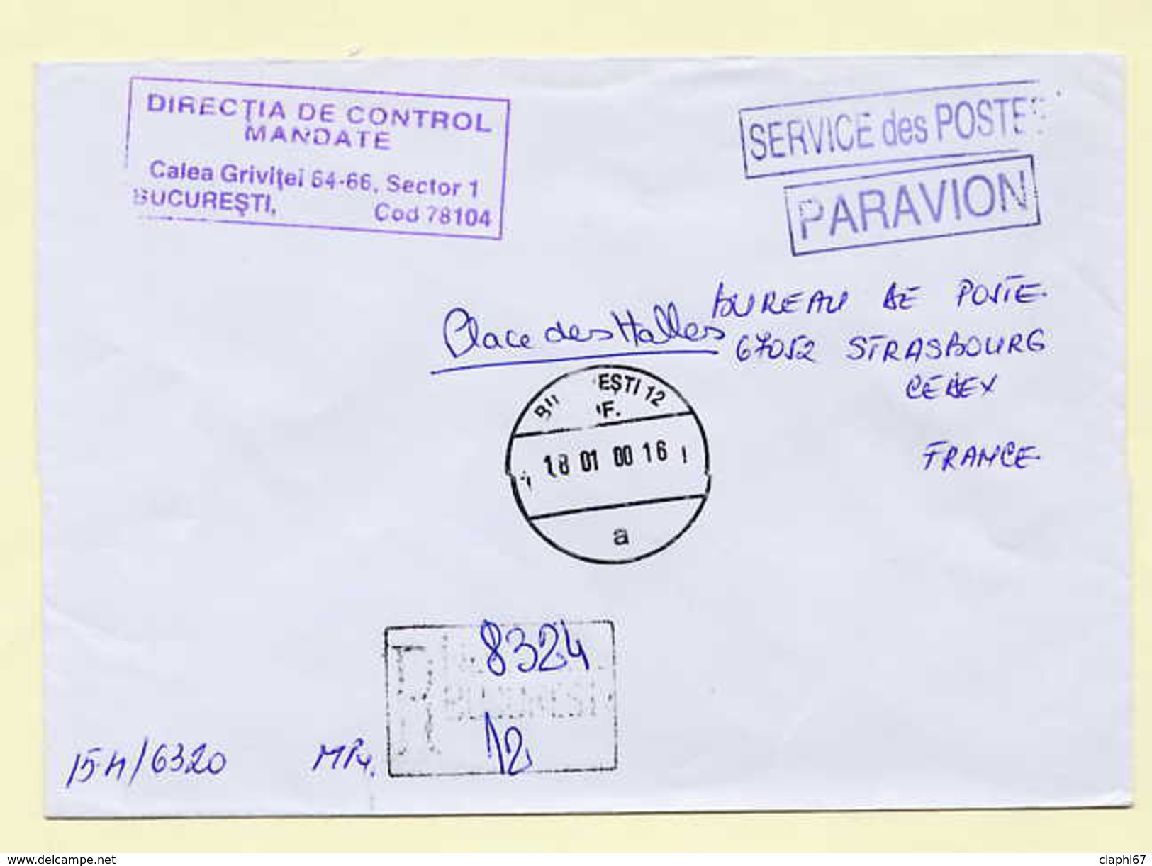 Roumanie Enveloppe Recommandée De La Poste Voyagée En Franchise Vers La France 18-01-2000 - Portofreiheit
