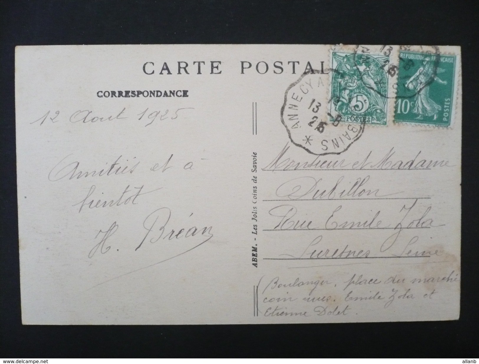 France - 1925 Blanc 111 Semeuse 159 Sur CP Cachet Convoyeurs Annecy à Aix Les Bains - 1921-1960: Période Moderne