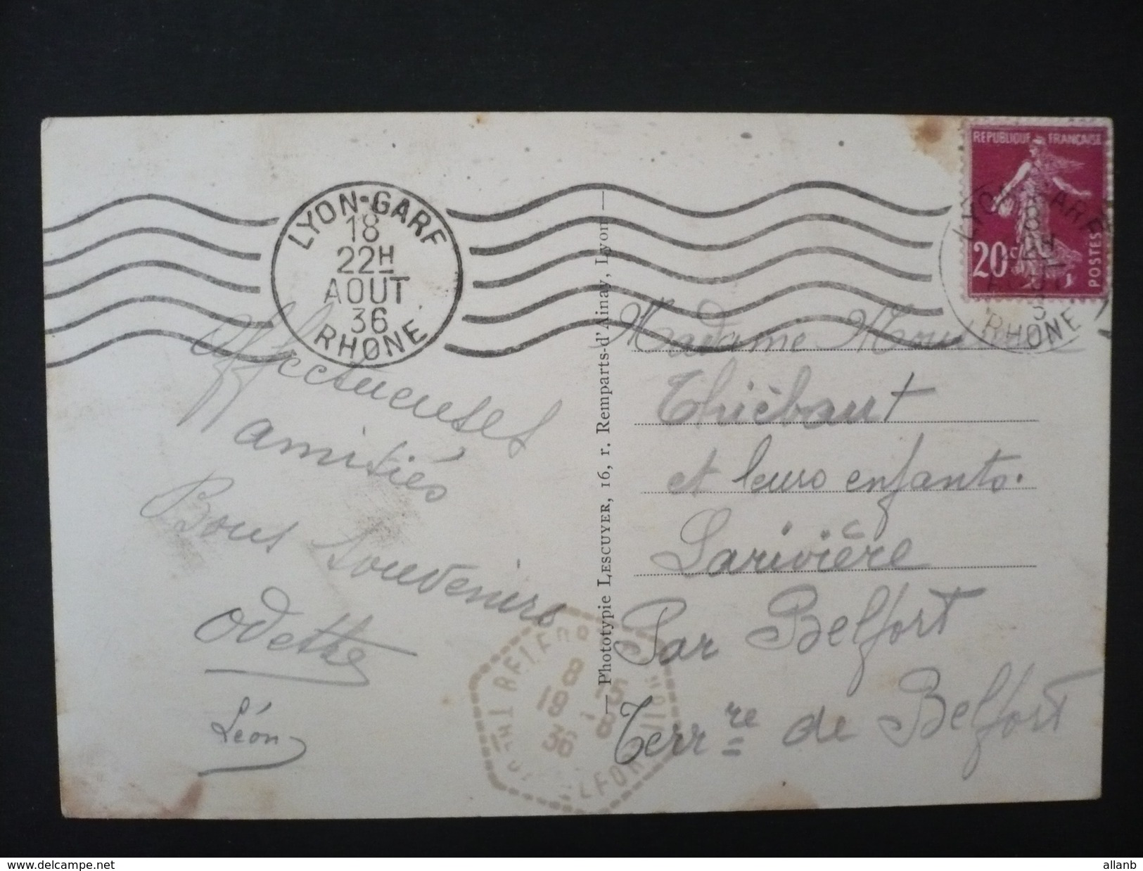 France - 1936 Semeuse N° 139 Sur CP Empreinte RBV Lyon Gare - GARF Au Lieu De GARE - Storia Postale