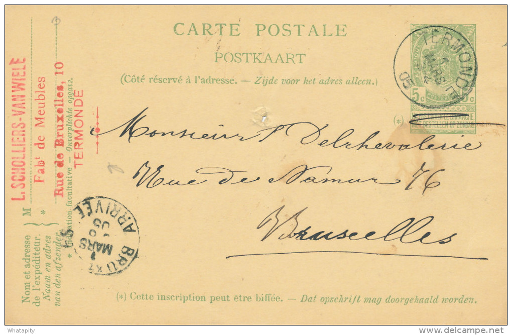 Entier Postal Armoiries TERMONDE 1905 Vers BXL - Cachet Scholliers-Van Wiele , Fabricant De Meubles  -- XX711 - Cartes Postales 1871-1909