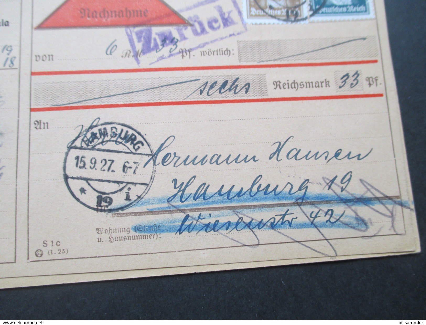 Deutsches Reich 1927 Komplette Nachnahme / Zahlkarte Köpfe Berühmter Deutscher MiF. Vermerk: Zurück - Briefe U. Dokumente