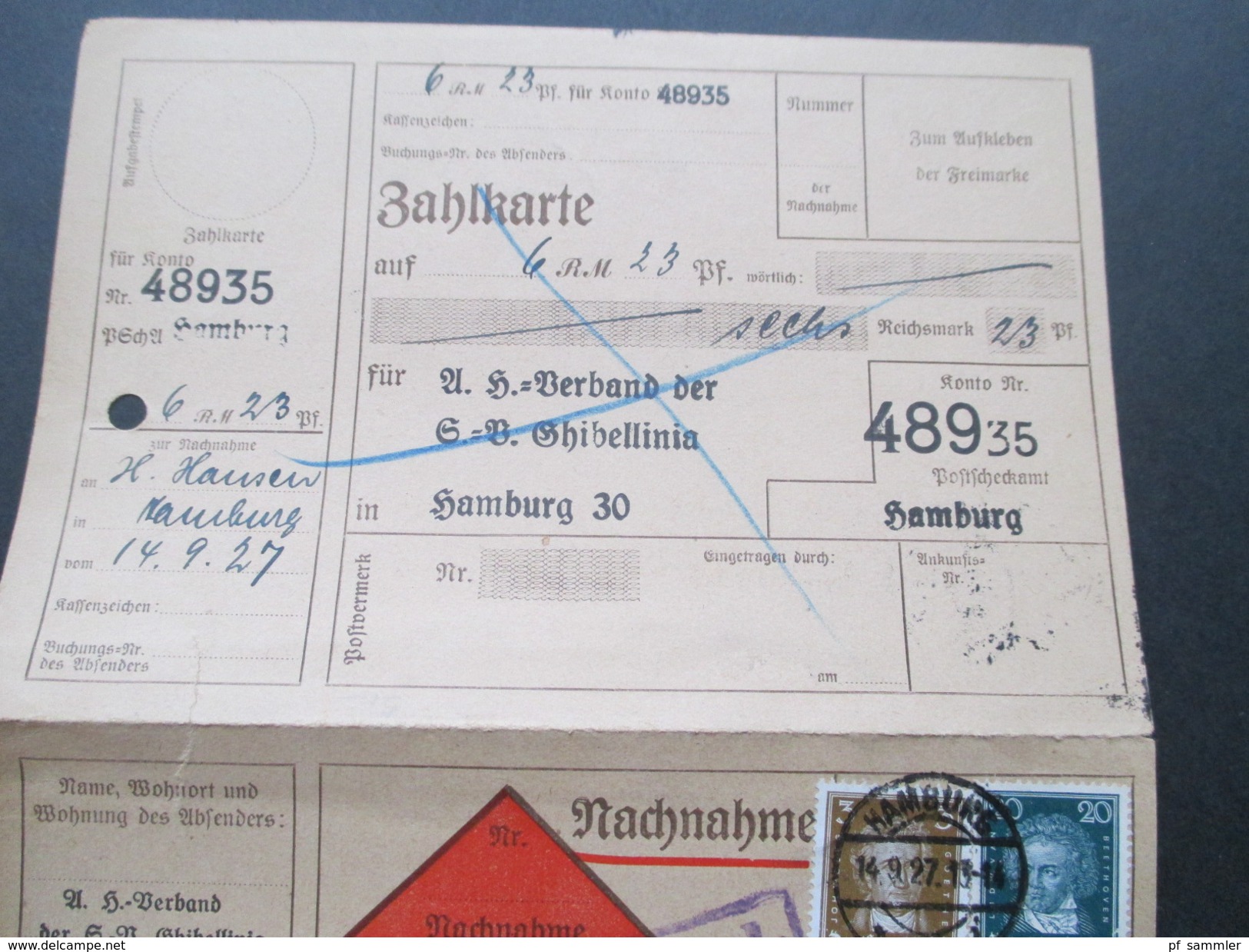 Deutsches Reich 1927 komplette Nachnahme / Zahlkarte Köpfe berühmter Deutscher MiF. Vermerk: Zurück