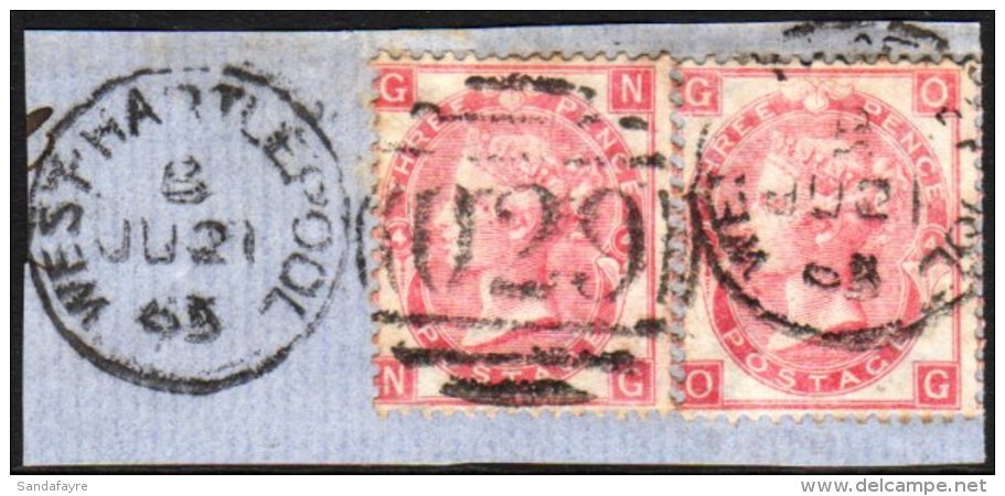 1865-7 3d Rose, Plate 4 Pair (G N, G O), SG. 92, Used &amp; Tied To Piece By Full "West Hartlepool" Duplex Cancel,... - Andere & Zonder Classificatie