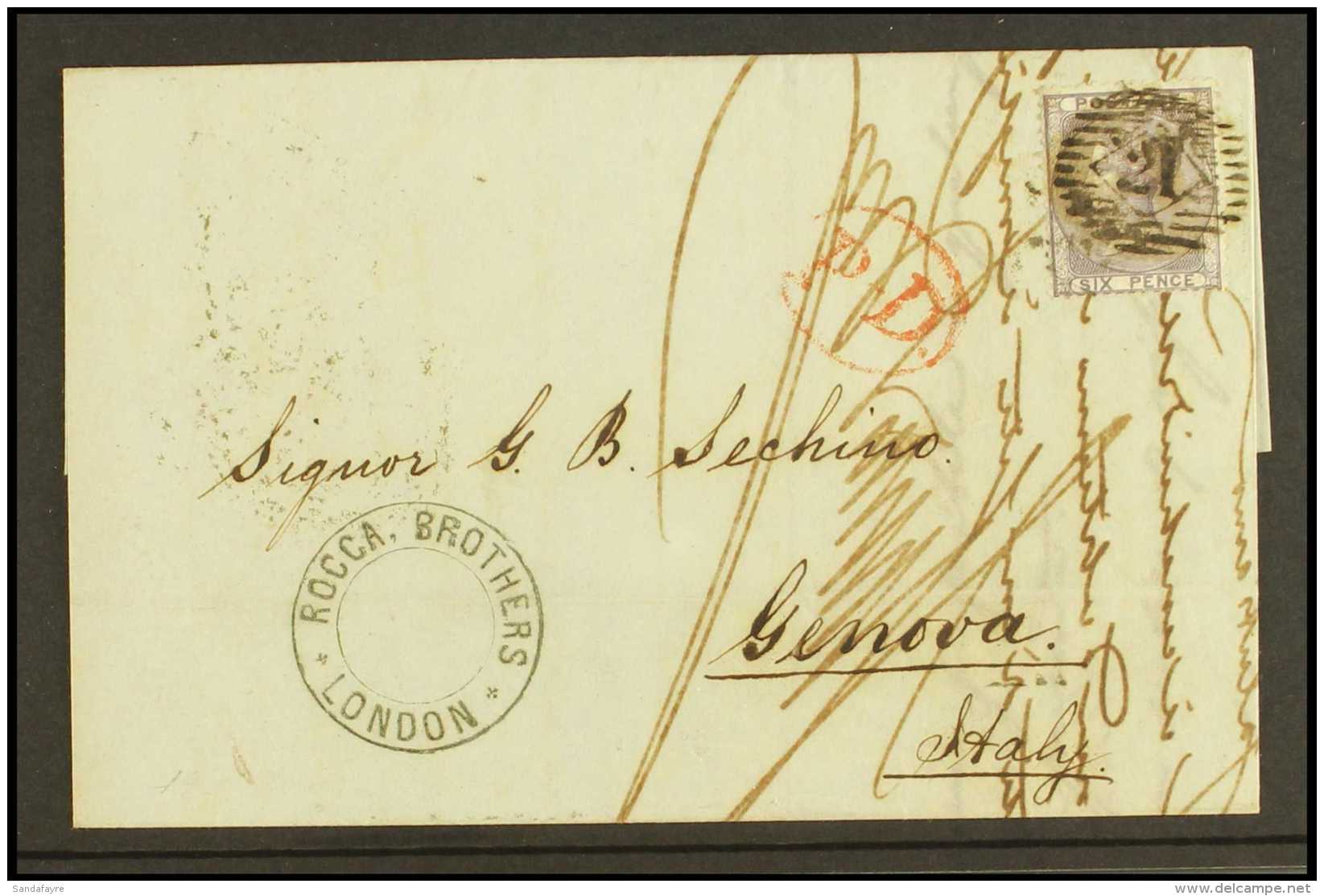 1858 (25th May) Entire To Genova Bearing 6c Lilac (no Letters) Tied Woolwich London District Cancel Alongisde "PD"... - Andere & Zonder Classificatie