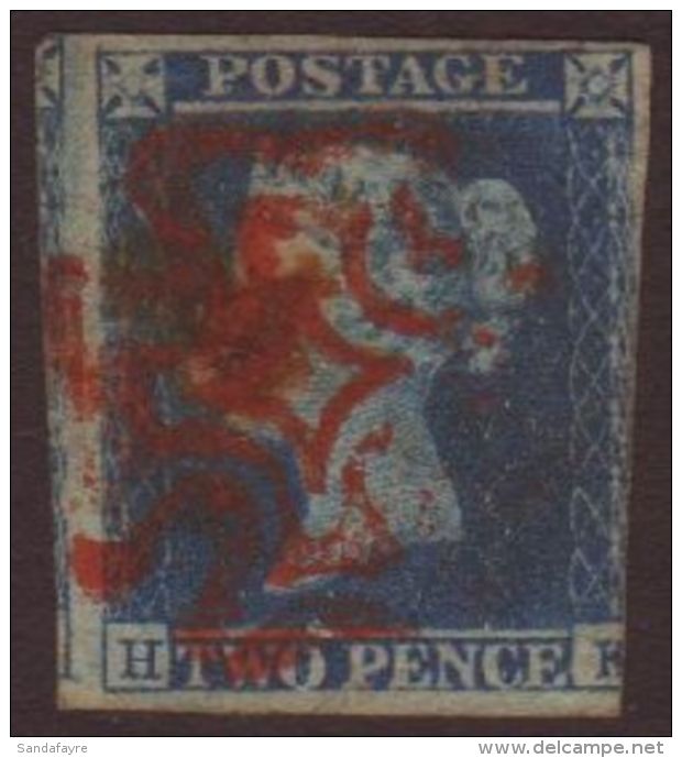 1841 2d Blue 'HK' Plate 4, Used With RED MALTESE CROSS, SG 14e (Spec E1ua) With 3 Margins, A Couple Of Pin Holes... - Andere & Zonder Classificatie