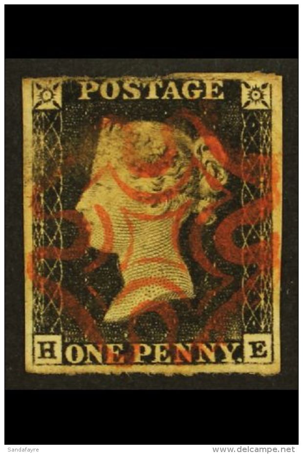 1840 1d Black 'HE', Plate 1a, SG 2, Just Into At Top And Rub Across Diadem, Fabulous Red Maltese Cross Cancel. For... - Zonder Classificatie