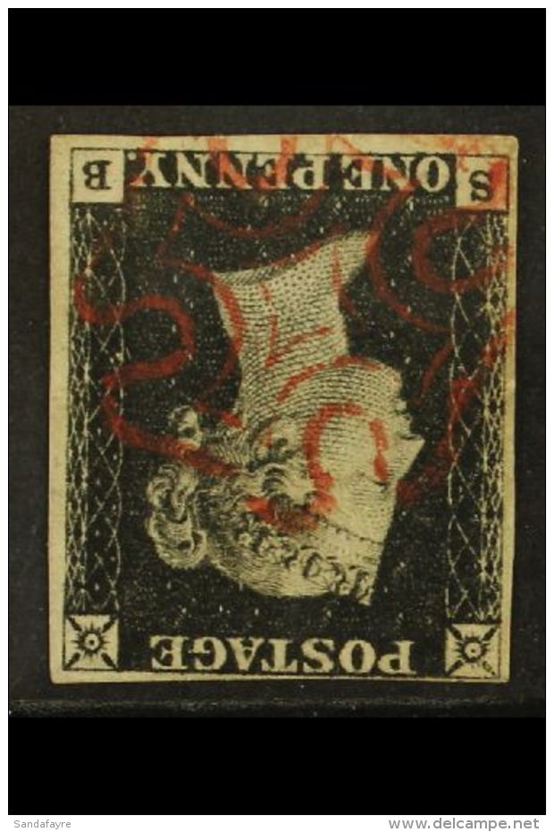 1840 1d Black 'SB' Plate 1b With WATERMARK INVERTED, SG Spec AS5 L, Used With 4 Small To Large Margins &amp;... - Unclassified