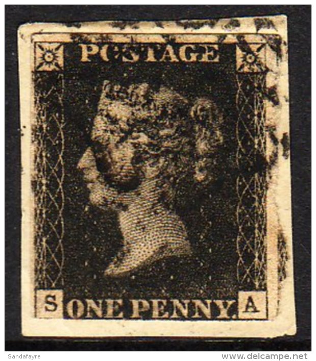 1840 1d Black 'SA' Plate 7, SG 2, Used With 3 Margins (just Touches At Base Left) Tied To Piece By Black MC Pmk... - Zonder Classificatie
