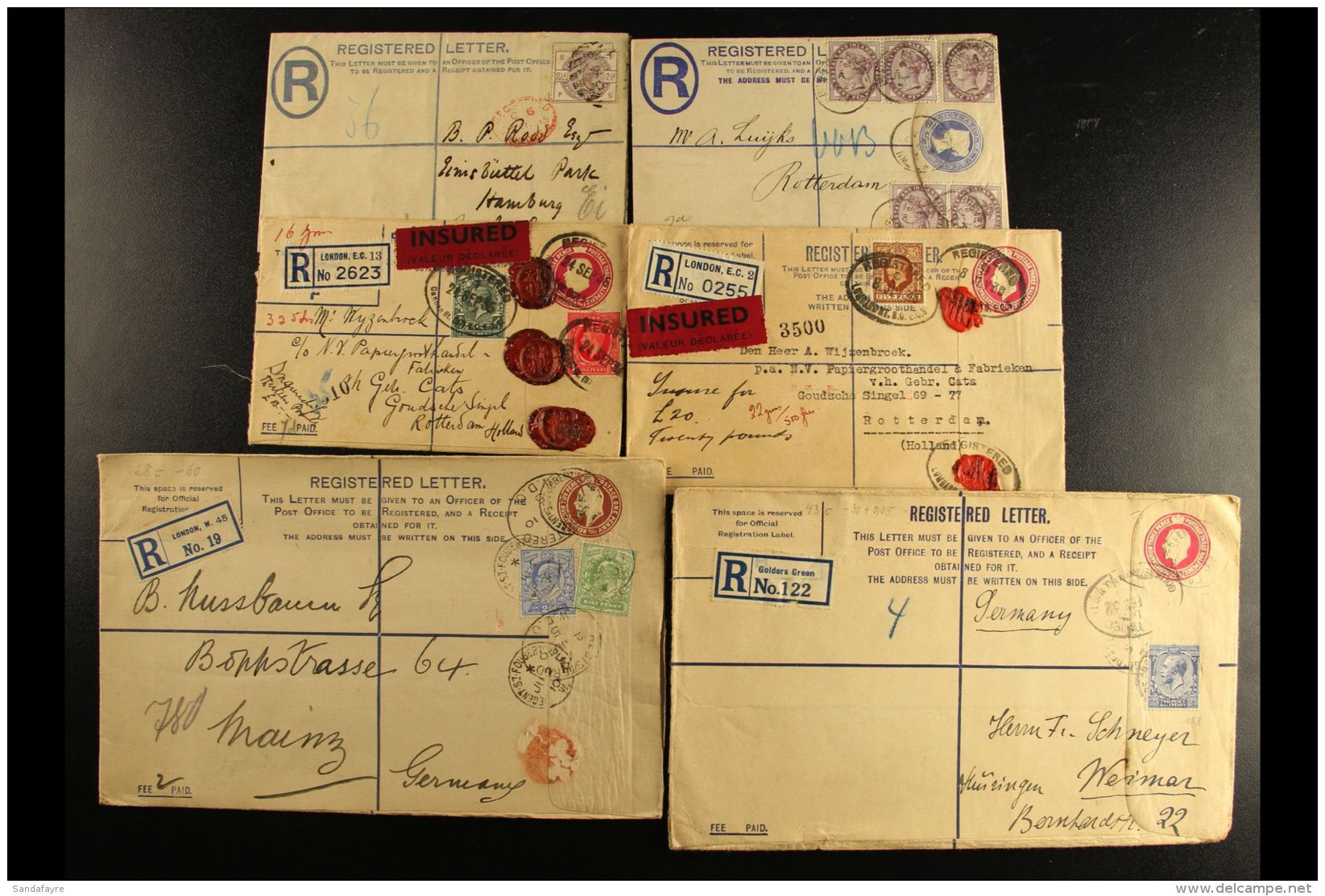 REGISTERED ENVELOPES TO OVERSEAS DESTINATIONS 1885-1936 Postally Used Group (three Different Sizes) All Uprated... - Andere & Zonder Classificatie