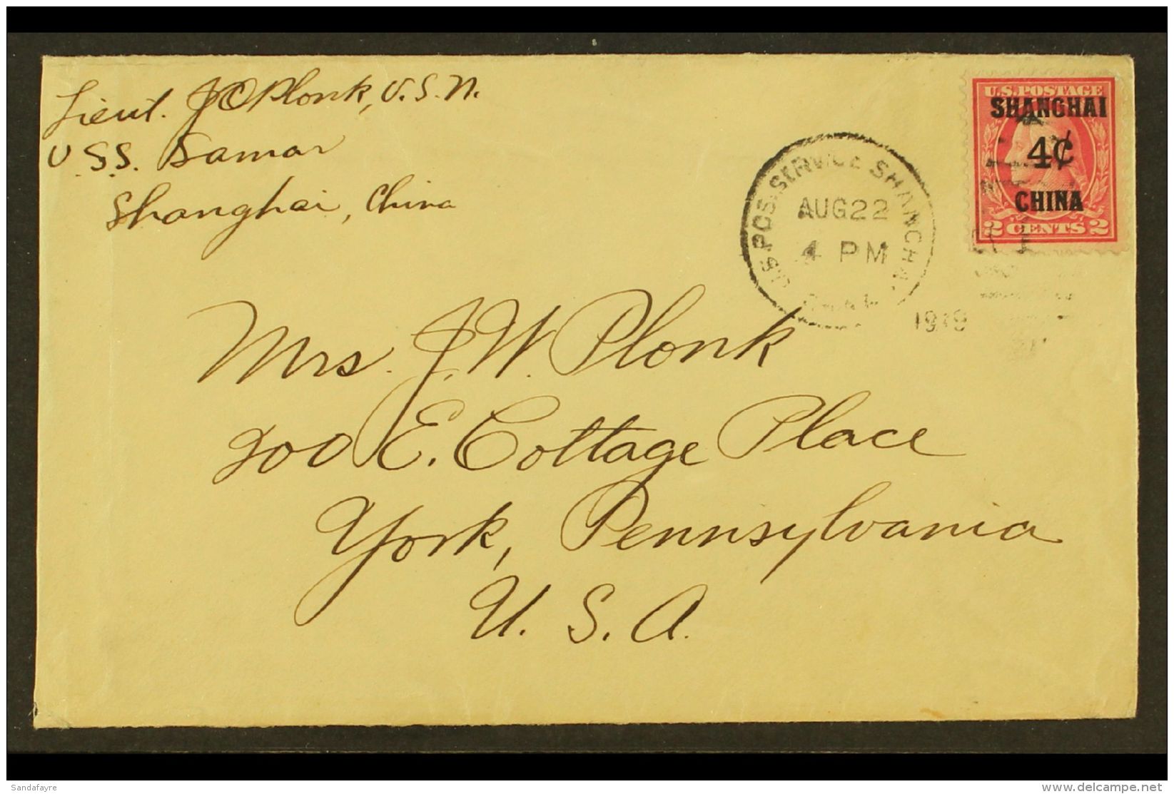 PO's IN CHINA YANGTZE RIVER PATROL SHIP MAIL. 1919 (22 Aug) Cover Sent By A Sailor On U.S.S. Samar, Addressed To... - Andere & Zonder Classificatie
