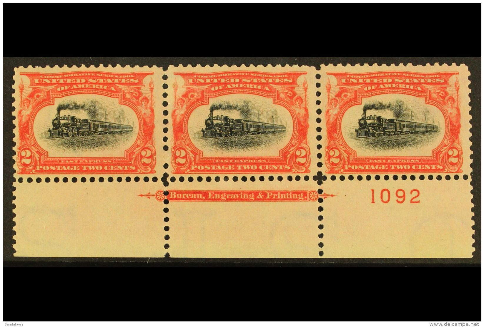 1901 2c Carmine And Black Locomotive, Sc 295, Marginal Pl #, Imprint Strip Of 3, NHM. For More Images, Please... - Andere & Zonder Classificatie