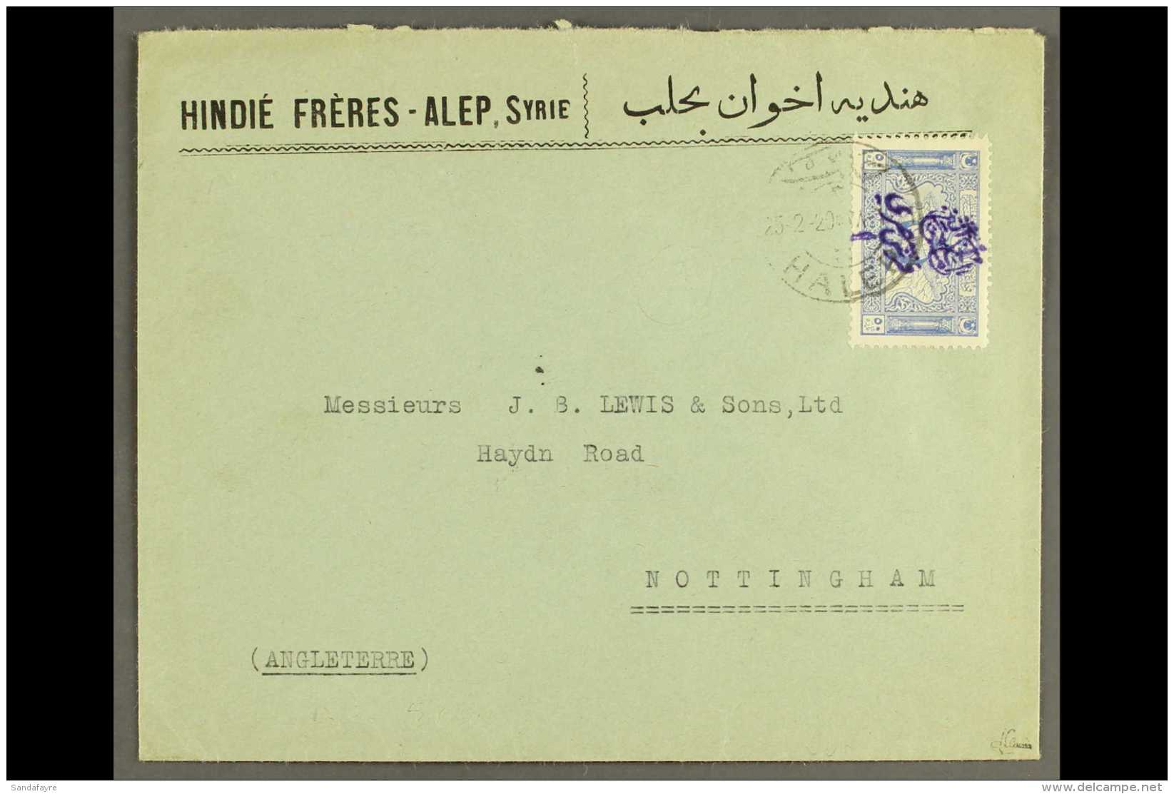 ARAB KINGDOM 1920 Attractive Commercial Cover To England Bearing 1920 1pi On 50pa Arab Kingdom Handstamp (SG K78)... - Syrië