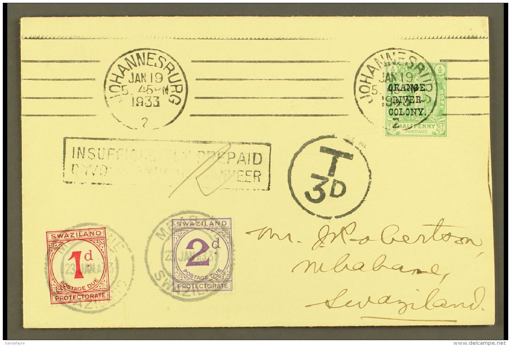 1933 POSTAGE DUE FIRST DAY COVER. 1933 (19 January) A Delightful And Highly Attractive Envelope Bearing Orange... - Swaziland (...-1967)