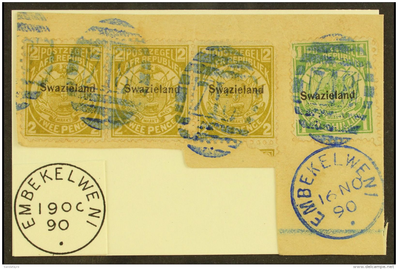 1889-90 2d Olive-bistre, Perf 12&frac12; Overprinted SG 5, A Horizontal Strip Of Three On Original Envelope Piece... - Swaziland (...-1967)