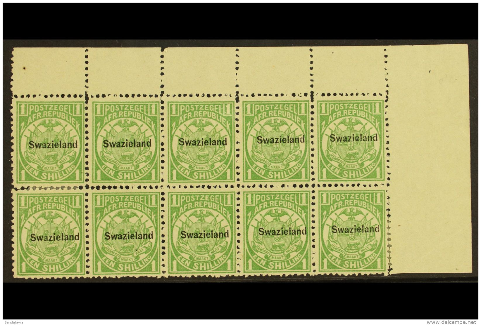 1889-90 1s Green, Perf 12&frac12; X 12 Overprinted, SG 3, Upper Right Corner Block Of Ten (5 X 2), Position 10... - Swaziland (...-1967)