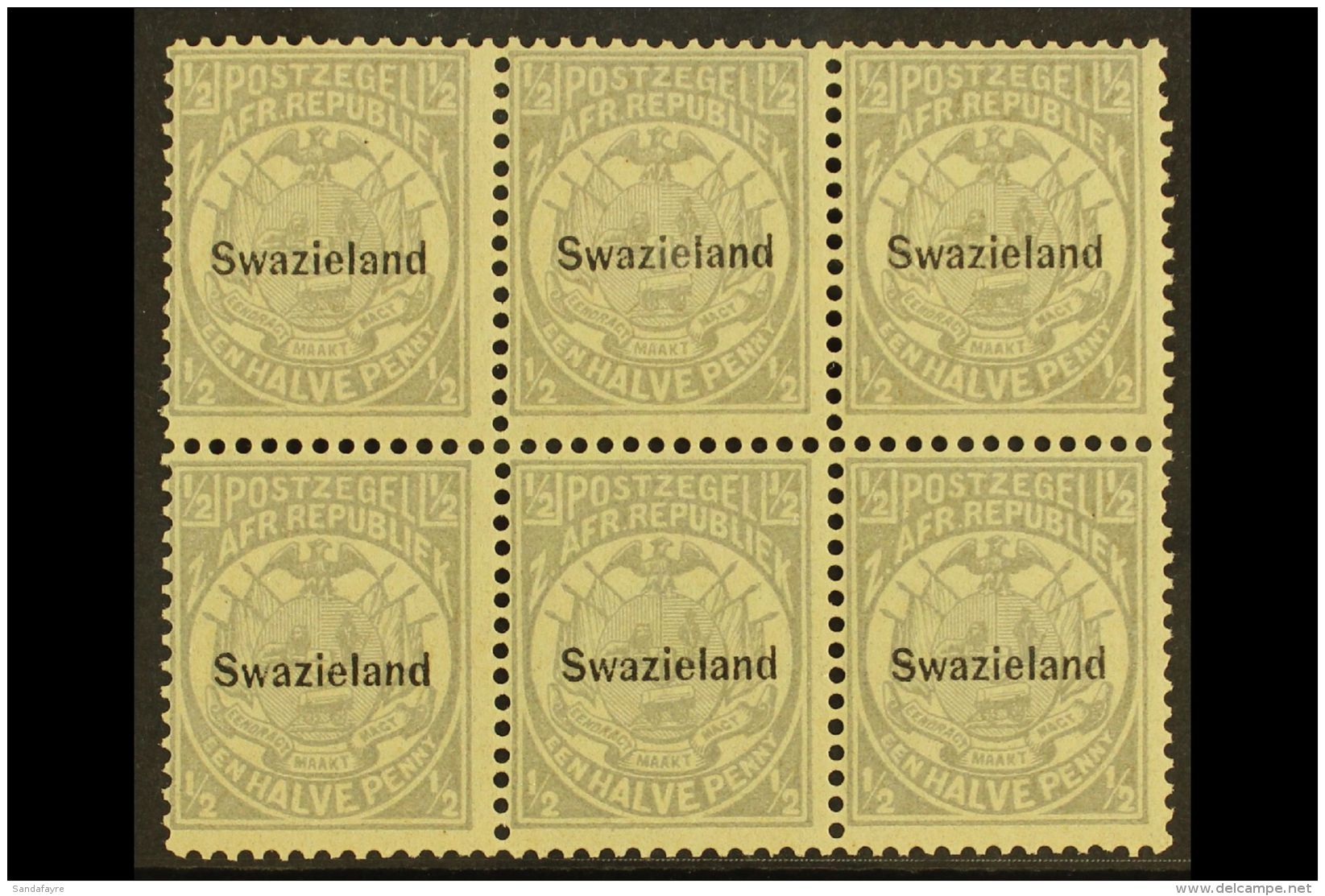 1889-90 &frac12;d Grey, Perf 12&frac12; Overprinted SG 4, Block Of Six (3 X 2), Fine And Fresh Mint Never Hinged.... - Swaziland (...-1967)