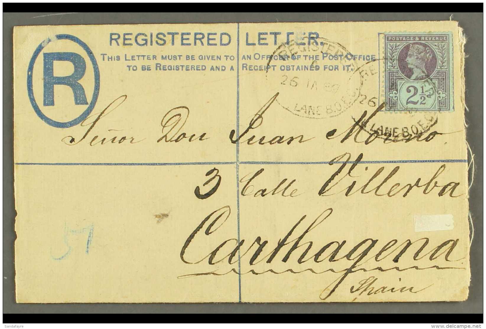 1887 INTACT REGISTERED COVER. 1887 (26 Jan) 2d Registered Stationery Envelope From London, England To Carthagena,... - Andere & Zonder Classificatie