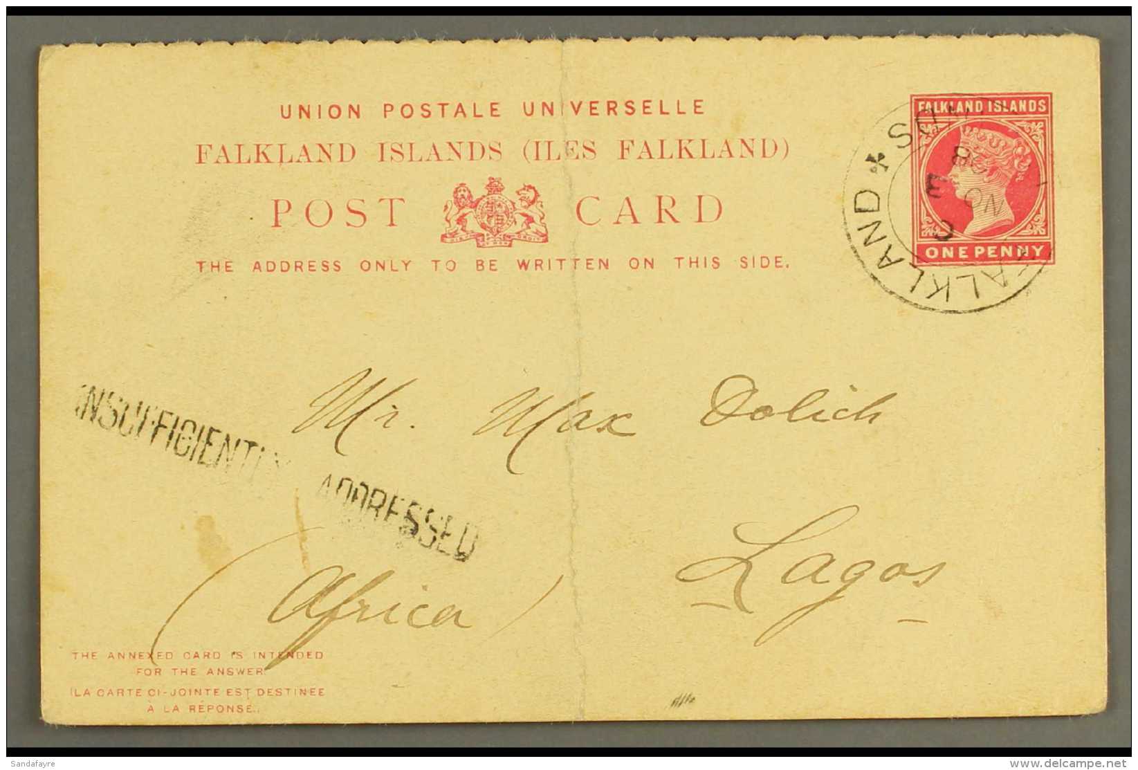 LAGOS Outward Portion Of 1d Reply Card Sent From The Falkland Is To Lagos (Africa) And Drawing An "Insufficiently... - Nigeria (...-1960)