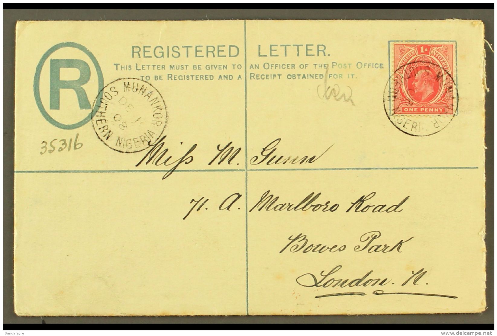 1908 MUNANKOR CDS ON REGISTERED ENVELOPE (Dec) 2d Registered Envelope (152 X 95 Mm) To London, Bearing Single 1d... - Nigeria (...-1960)