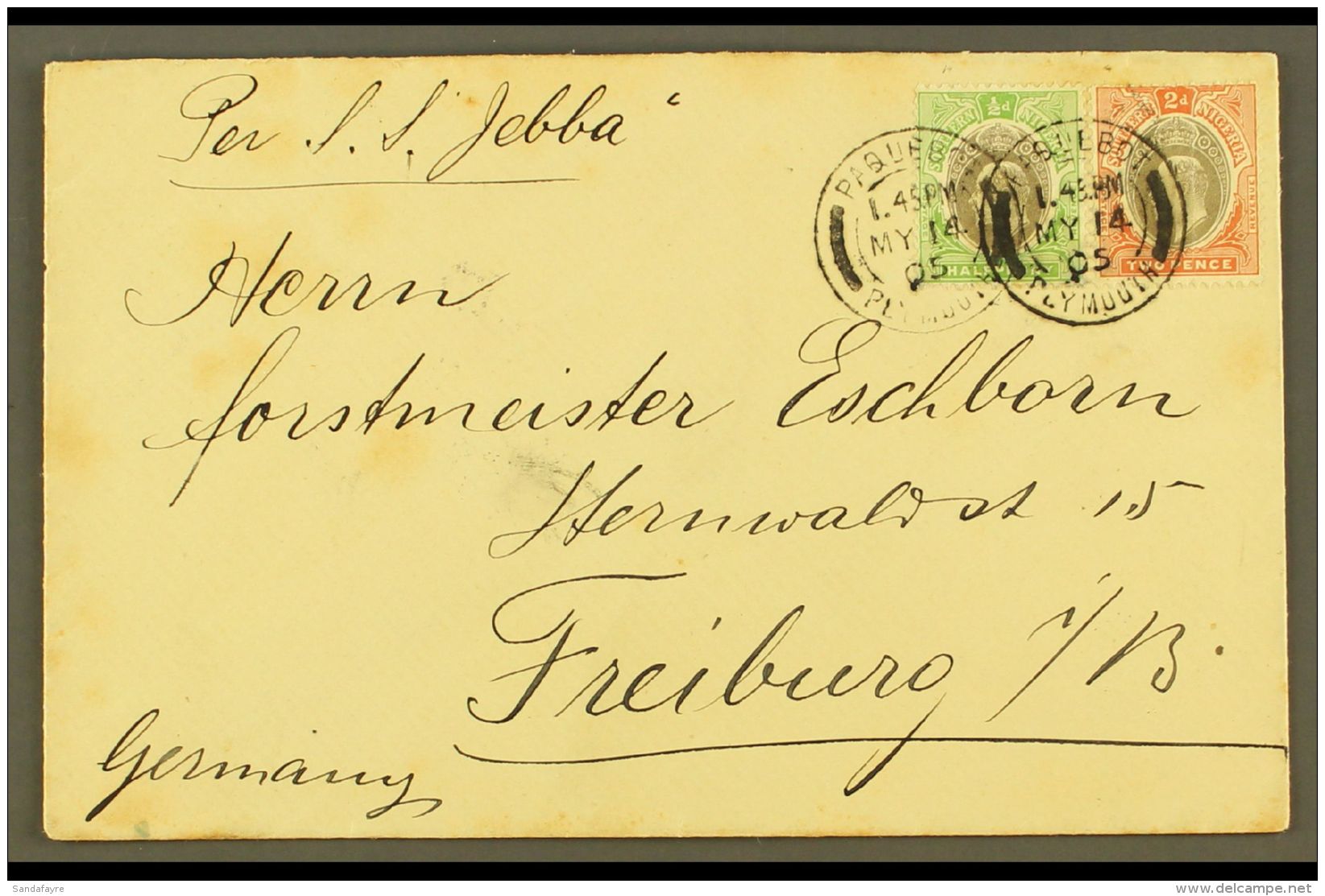 1905 (May) An Attractive Envelope To Germany "per S.S. Jebba", Bearing &frac12;d And 2d, SG 21 &amp; 23, Tied Fine... - Nigeria (...-1960)