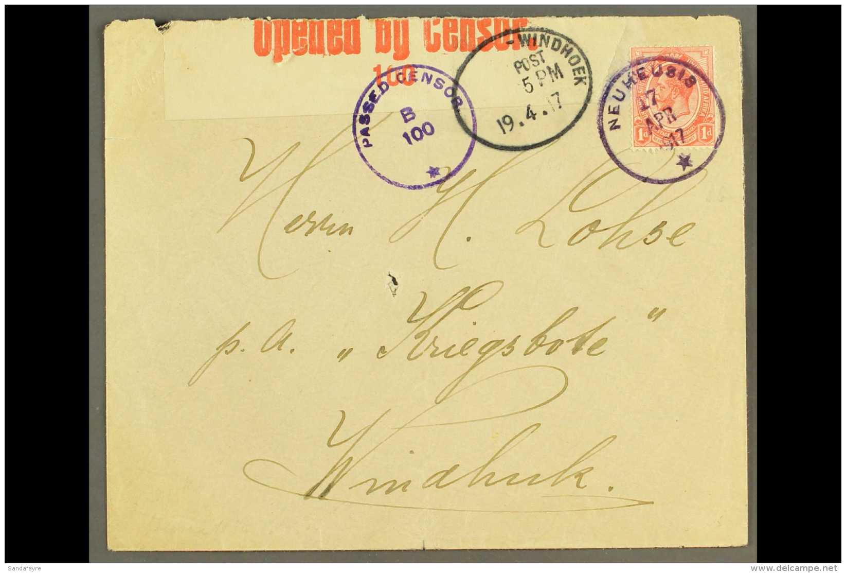 1917 (17 Apr) Cover To Windhuk Bearing 1d Union Stamp Tied By Superb "NEUHEUSIS" Violet Rubber Cds Postmark,... - Zuidwest-Afrika (1923-1990)