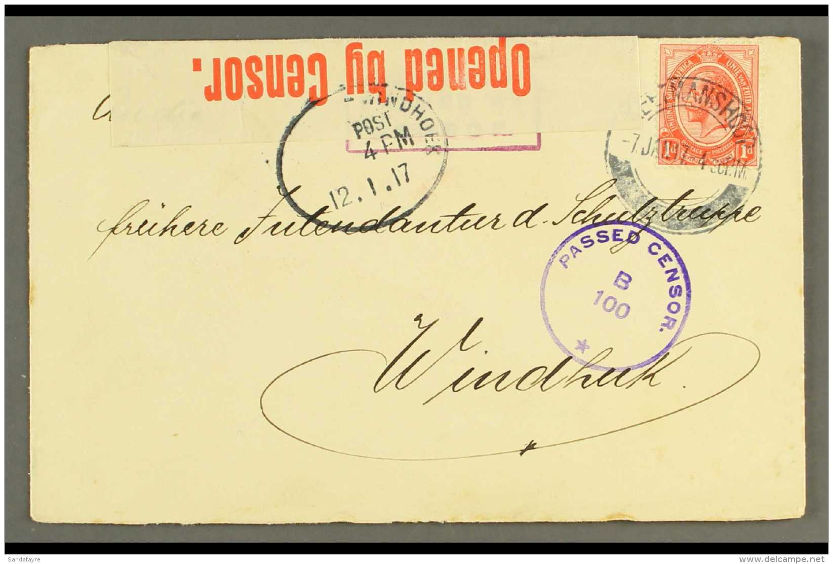 1917 (12 Jan) Cover To Windhuk Bearing 1d Union Stamp Tied By "KEETMANSHOOP" Cds Cancel, Putzel B2 Oc, With... - South West Africa (1923-1990)