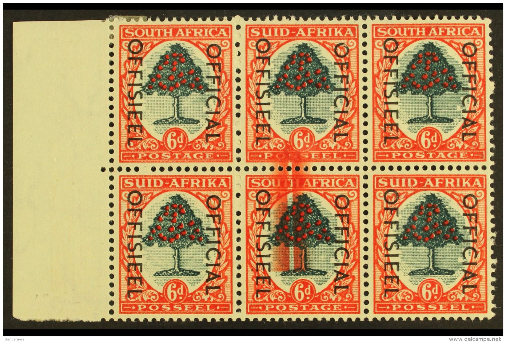 OFFICIAL VARIETY 1950-4 6d Green &amp; Red-orange, Block Of Six With LARGE SCREEN FLAW, O46 Var, Very Fine Mint.... - Zonder Classificatie