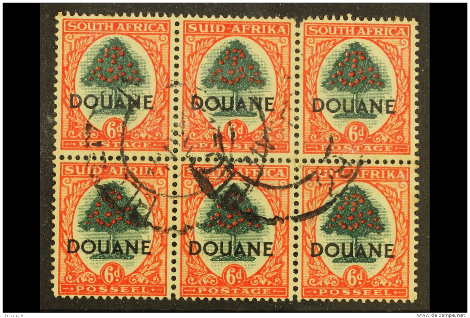 CUSTOMS DUTY 1947/54 6d Orange &amp; Green, Block Of Ovptd "DOUANE" Barefoot 52, Used, Scarce Multiple, One Stamp... - Zonder Classificatie