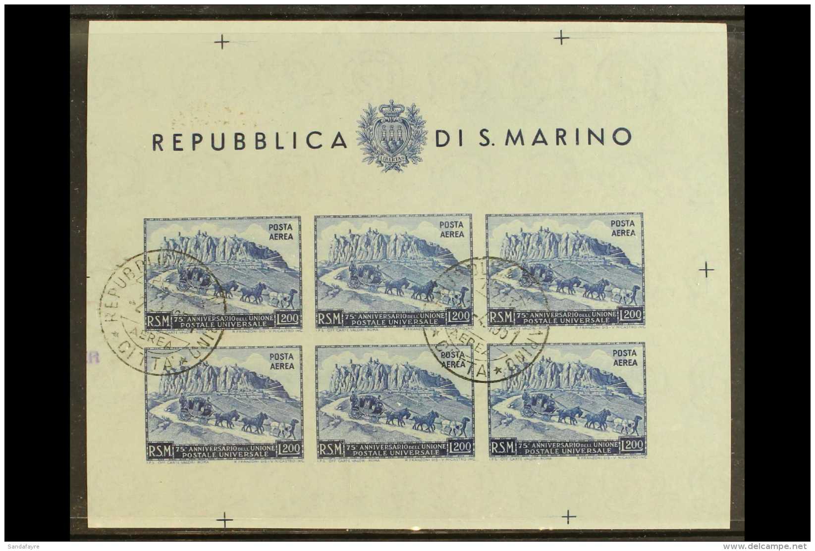 1951 200L Blue AIR UPU, Imperf Miniature Sheet, Sassone 11, Used, Small Imperfections. Cat &euro;400 (&pound;300)... - Andere & Zonder Classificatie