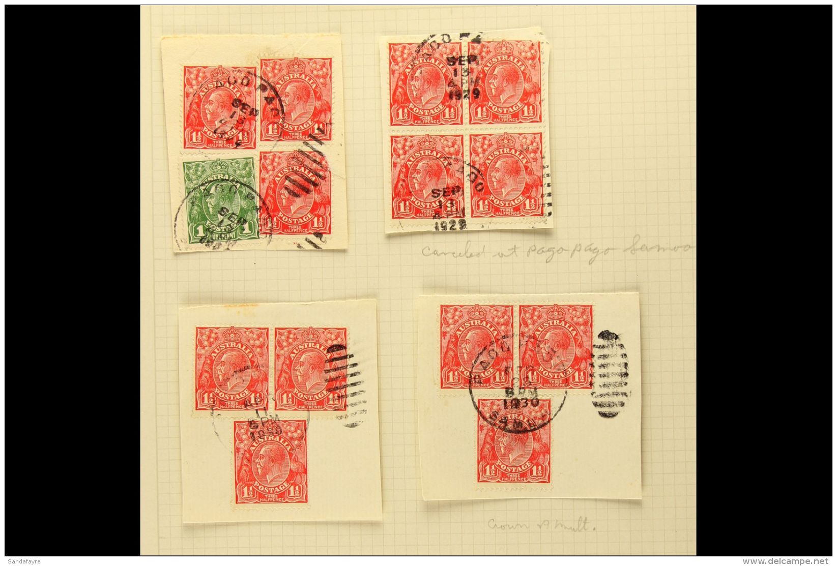 AUSTRALIA USED IN SAMOA 1929-30 Group Of 1d Or 1&frac12;d Geo V Head Multiple Frankings On Good Pieces Tied By... - Samoa