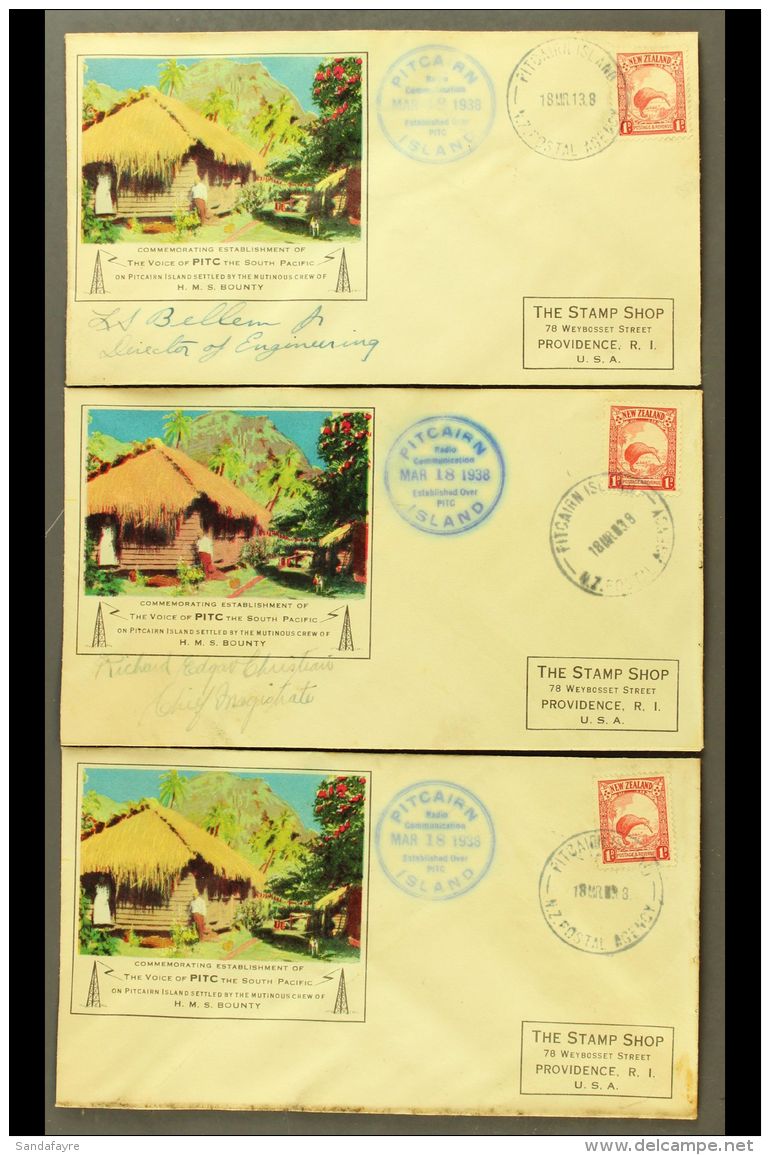 NEW ZEALAND USED IN PITCAIRN 1938 Pitcairn Radio Communication Covers, Group Of 3, Each Franked With NZ 1d Kiwi... - Pitcairneilanden