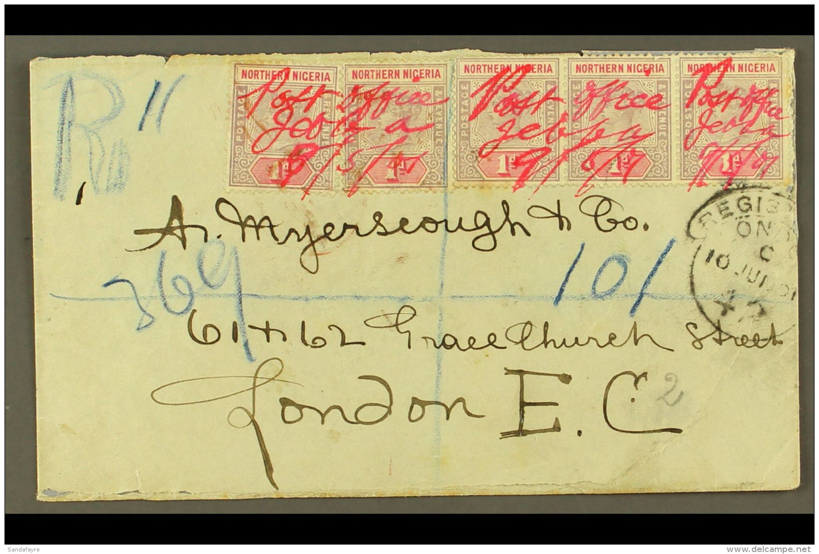 1901 "POST OFFICE JEBBA" MANUSCRIPT CANCELS ON REGISTERED COVER (9th May) Envelope Registered To London, Bearing... - Nigeria (...-1960)
