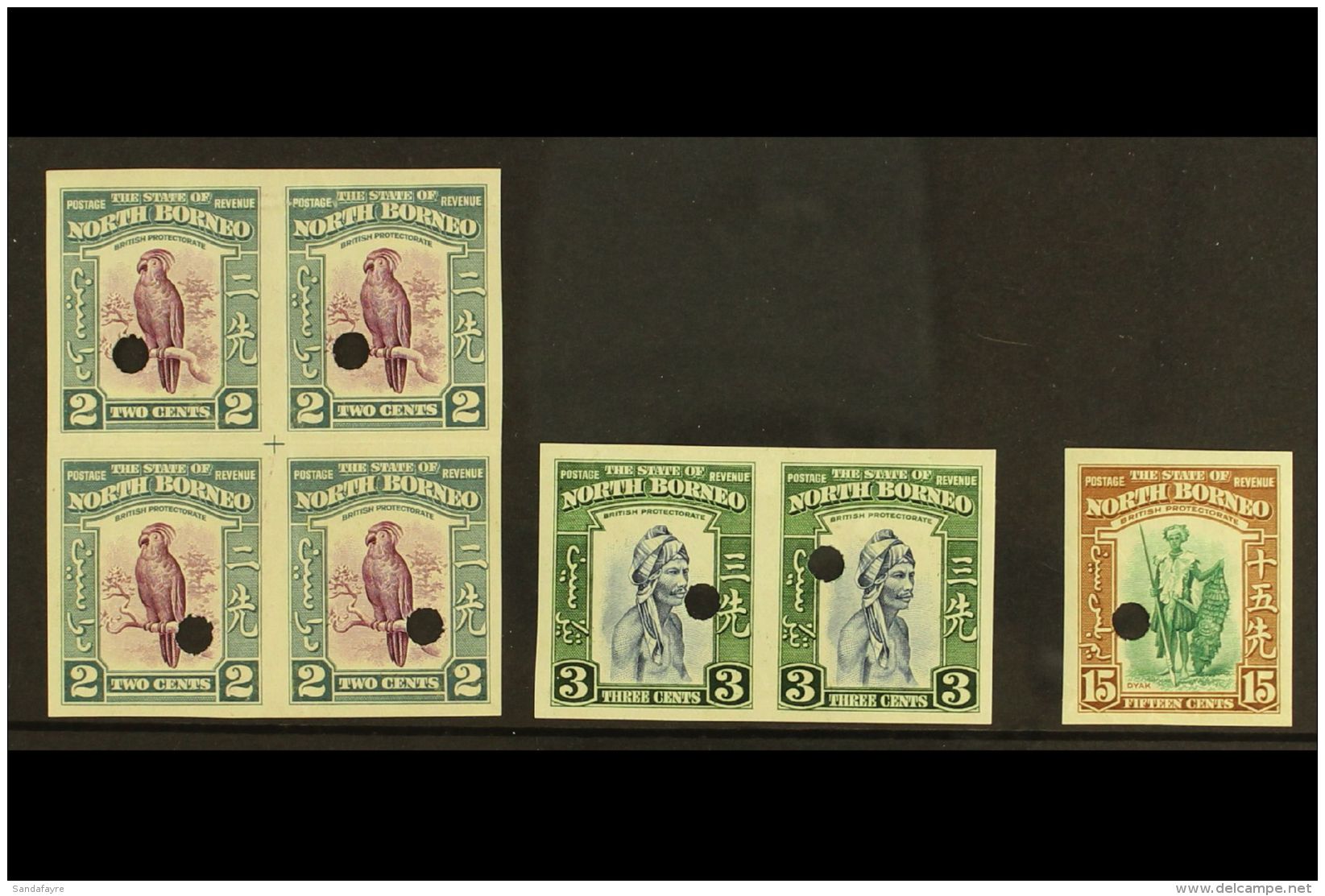1939 PICTORIALS - IMPERFORATE PROOFS Includes 2c Purple &amp; Greenish Blue Block Of 4, 3c Slate Blue &amp; Green... - Noord Borneo (...-1963)