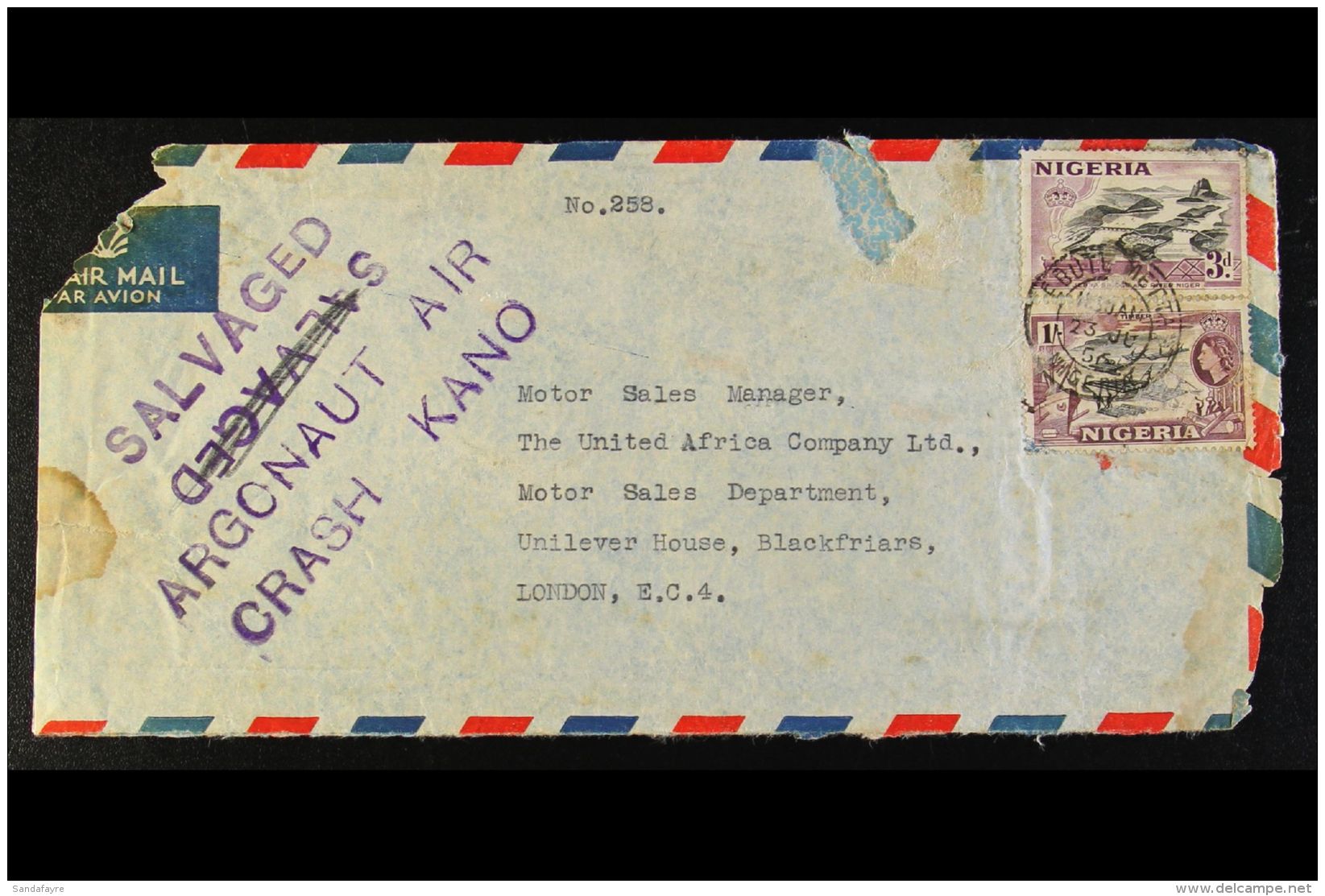 1958 ARGONAUT AIR CRASH AT KANO (24th June) Airmail Envelope Ebute Metta To London, Bearing 1s Pair Tied Cds, And... - Nigeria (...-1960)