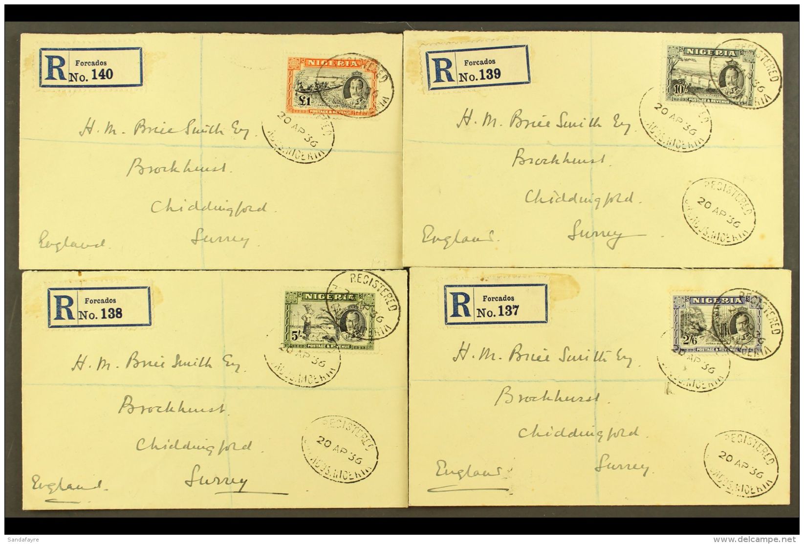 1936 Pictorial 2s6d To &pound;1, SG 42/45, Each On A Separate Neat Registered Cover From Forcados To England,... - Nigeria (...-1960)