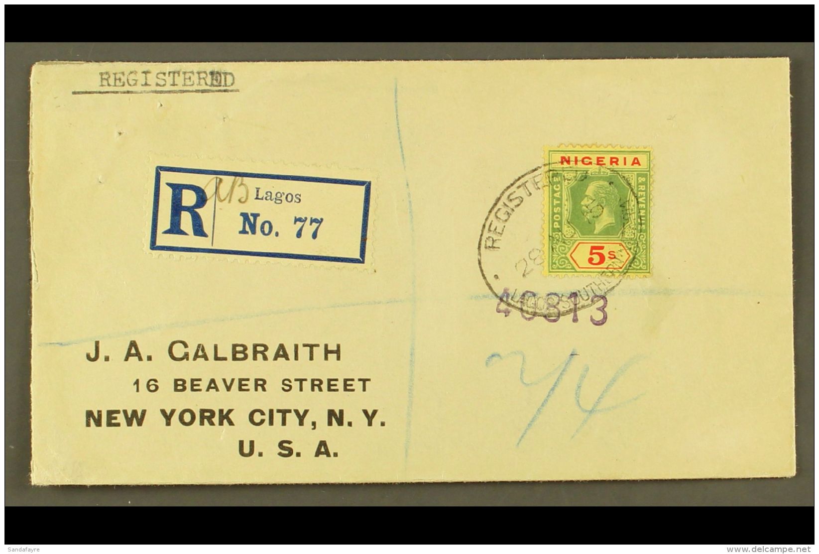 1915 (Aug) Neat Envelope Registered Lagos To New York, Bearing Single 5s Green And Red On Yellow, SG 10, Tied Oval... - Nigeria (...-1960)