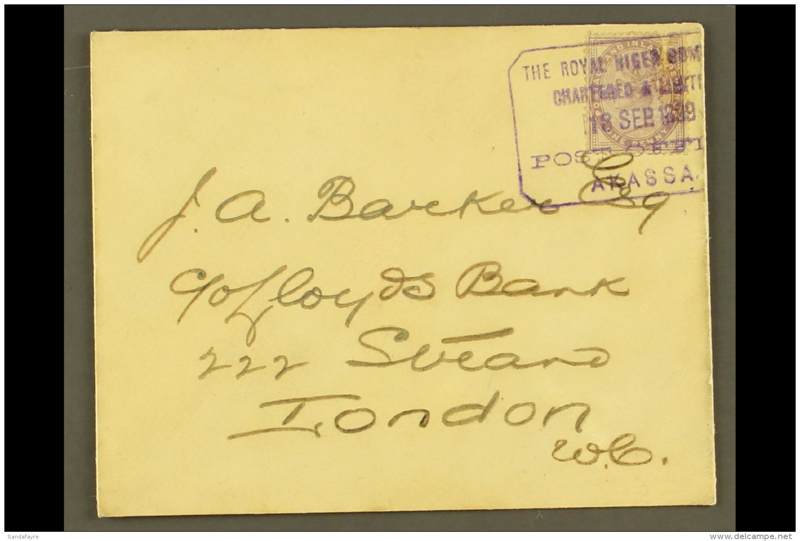 NIGER COMPANY TERRITORIES AKASSA 1899 (Sept) Neat Envelope To London, Bearing Torn 1d Lilac (Z30 Tied By Violet... - Other & Unclassified