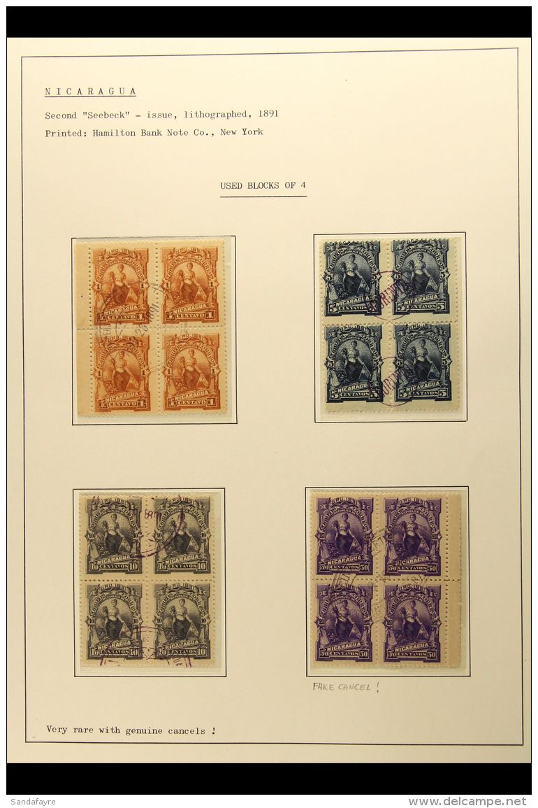 1891 Second "Seebeck" Issue Fine Used Blocks Of Four With 1c, 5c, 10c, 2p, And 10p, Plus 50c And 1p Blocks... - Nicaragua
